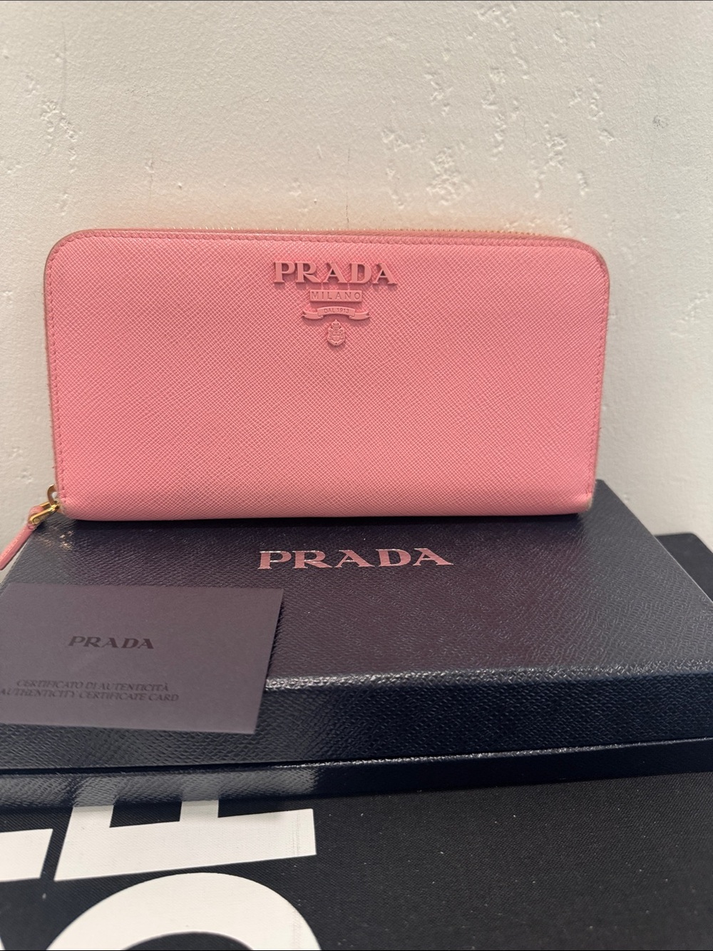 Prada Pink Saffiano Zip Wallet with Gold Hardware